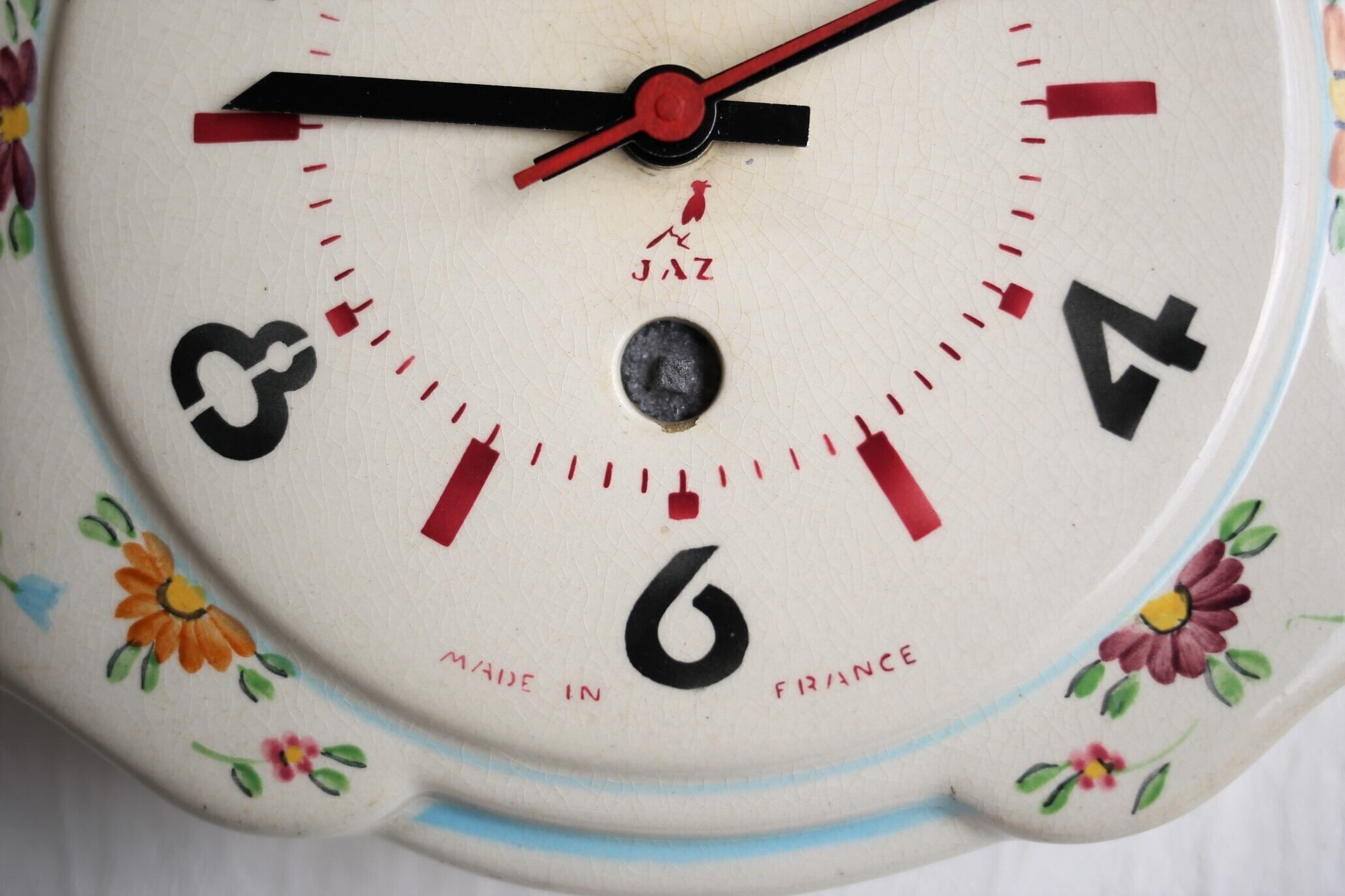 フランス アンティーク ヴィンテージ JAZ 壁掛け時計（陶器 花柄、電池