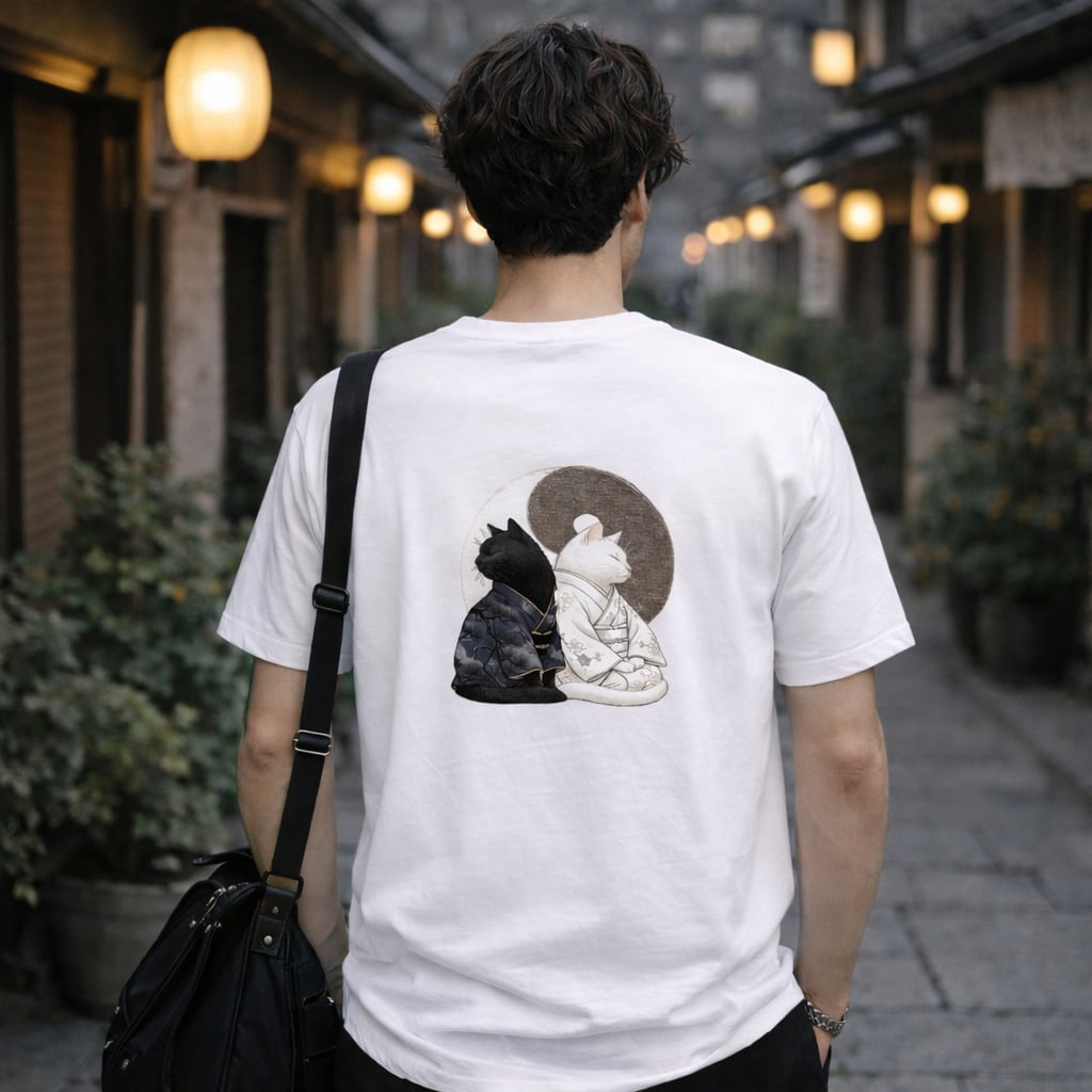 「陰陽に佇む、江戸猫 」 Tシャツ 半袖 /"Edo Cats Standing in the Light and Shadow" T-shirt (Short Sleeve)