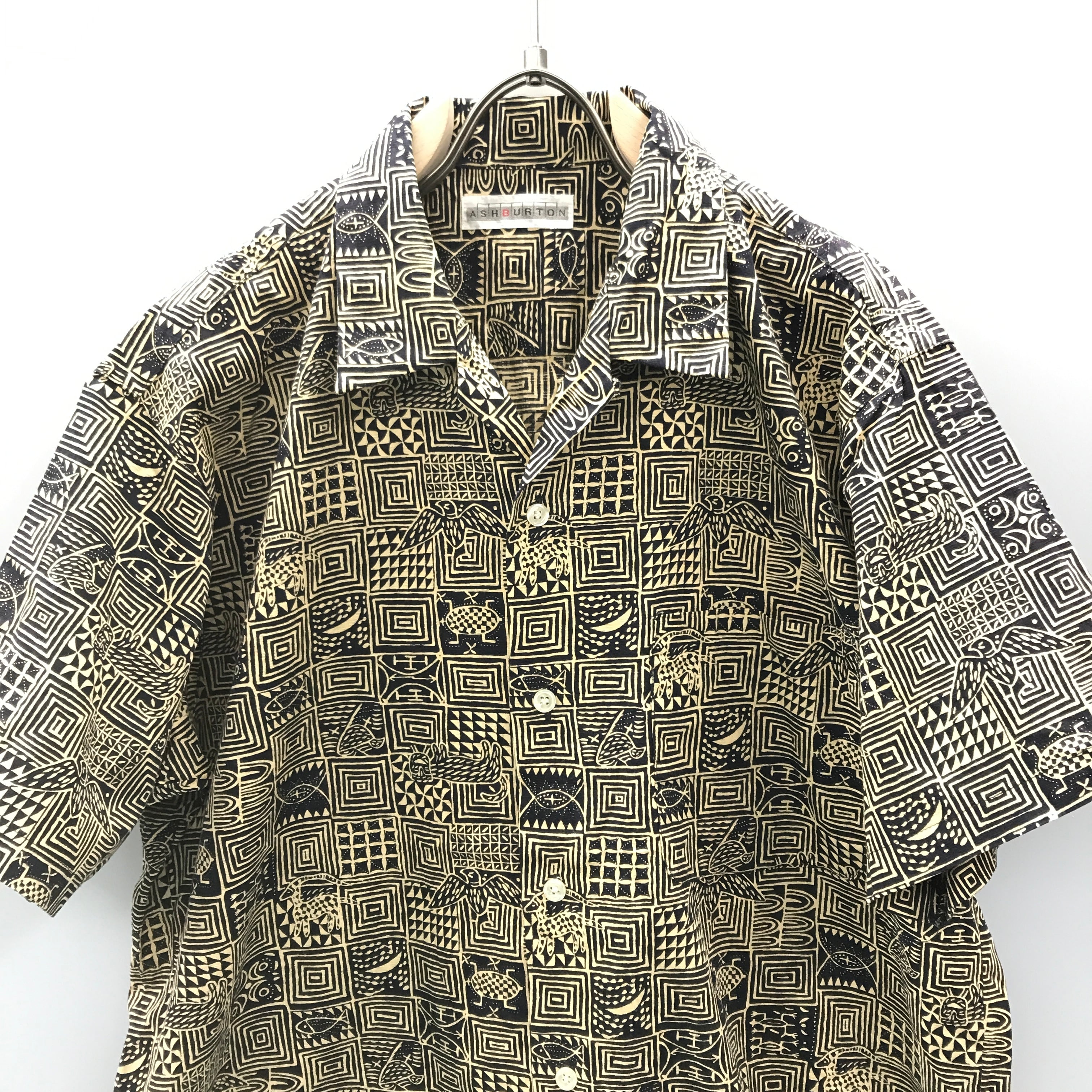 90年代 ASHBURTON 総柄 コットンシャツ 半袖 エスニック柄シャツ