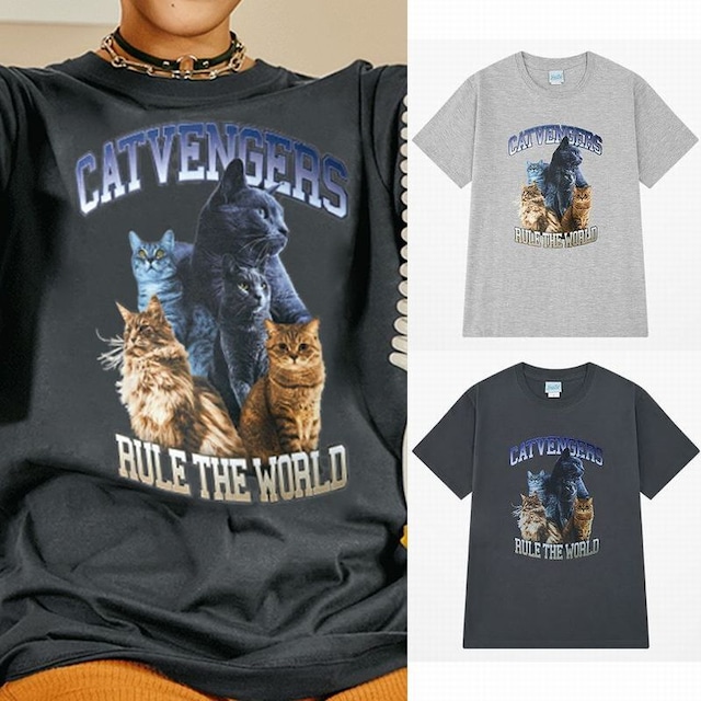 ユニセックス Tシャツ 半袖 CAT 猫ぎ クルーネック オーバーサイズ ゆったり 大きめ 韓国ファッション メンズ レディース カジュアル ストリート系 / Short Sleeve T-shirt Trends Short Sleeve Loose All Match Retro (DTC-666217024634)