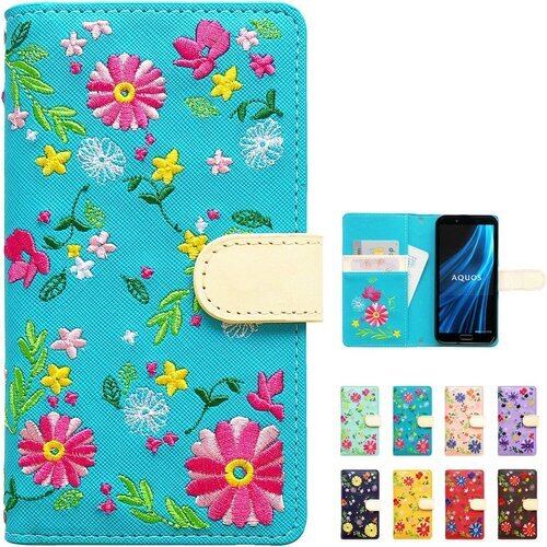 AQUOS sense 2 SH-01L SHV43 SH-M08 かんたん SHV43K Android one S5 手帳型 ケース カバー SH01L SH-01Lケース SHV43ケース SH-M08ケース SH01Lケース SHM08ケース 手帳ケース 手帳型ケース スマホケース ヌメ花刺繍 ターコイズ 7