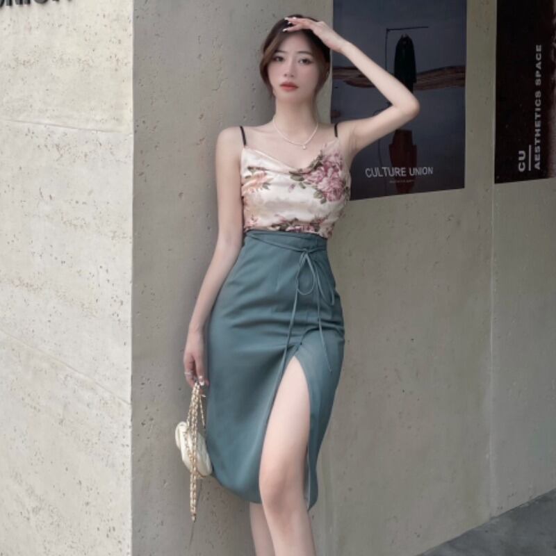 スタンダードFlowerデザイン プリント柄レースハイウェストウェスト薄手スカート レトロ フラワーデザイン ハンチェンe4685149382