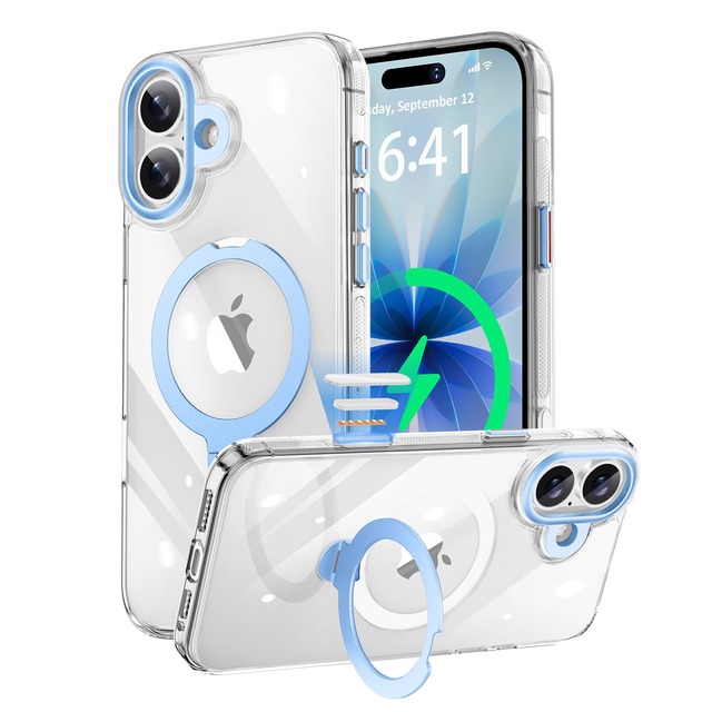 KISECASE iPhone 17 用 ケース リング Magsafe対応 カメラコントロールボタン付き 耐衝撃 黄ばみ防 クリアブルー