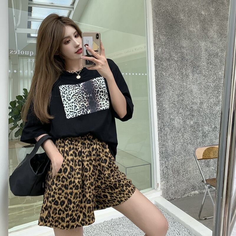 サマースタイルレオパードプリント柄ルーズTシャツ ハイウェストウェスト薄手シフォンショーツ 夏物 ブルマー ドラファッションホール84615383828