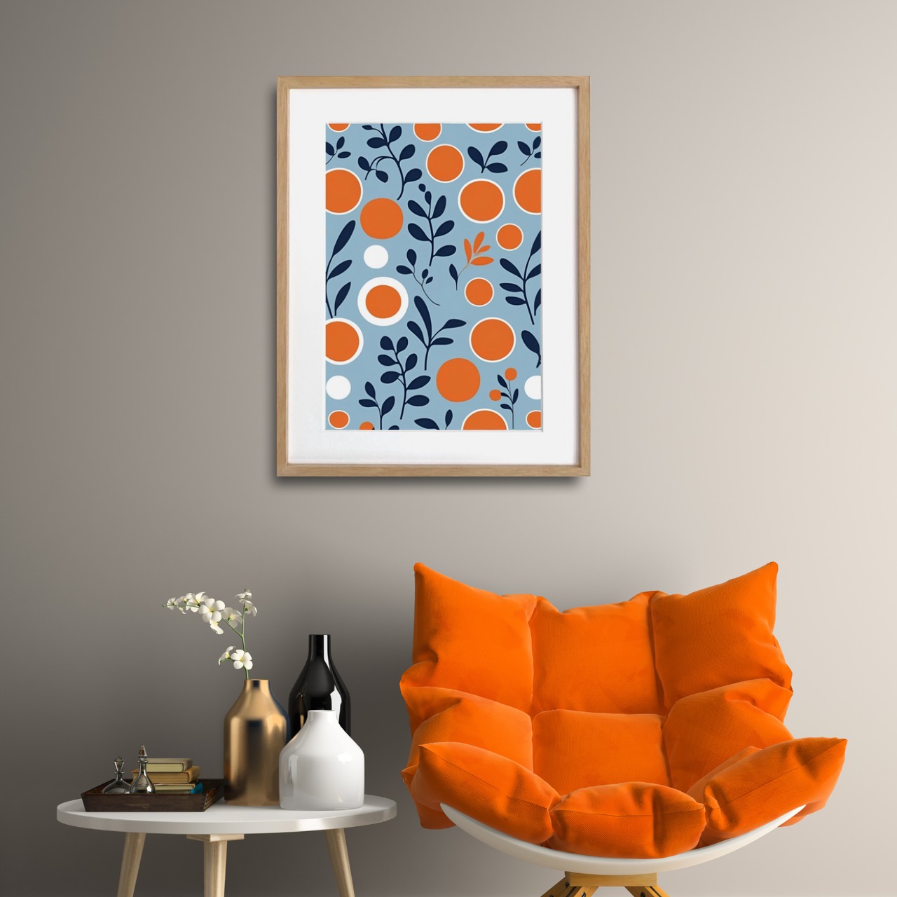 Orange Bloom｜北欧モダンな幾何学×植物アートポスター｜ビタミンカラーで空間を明るく彩るインテリアにA2ポスター
