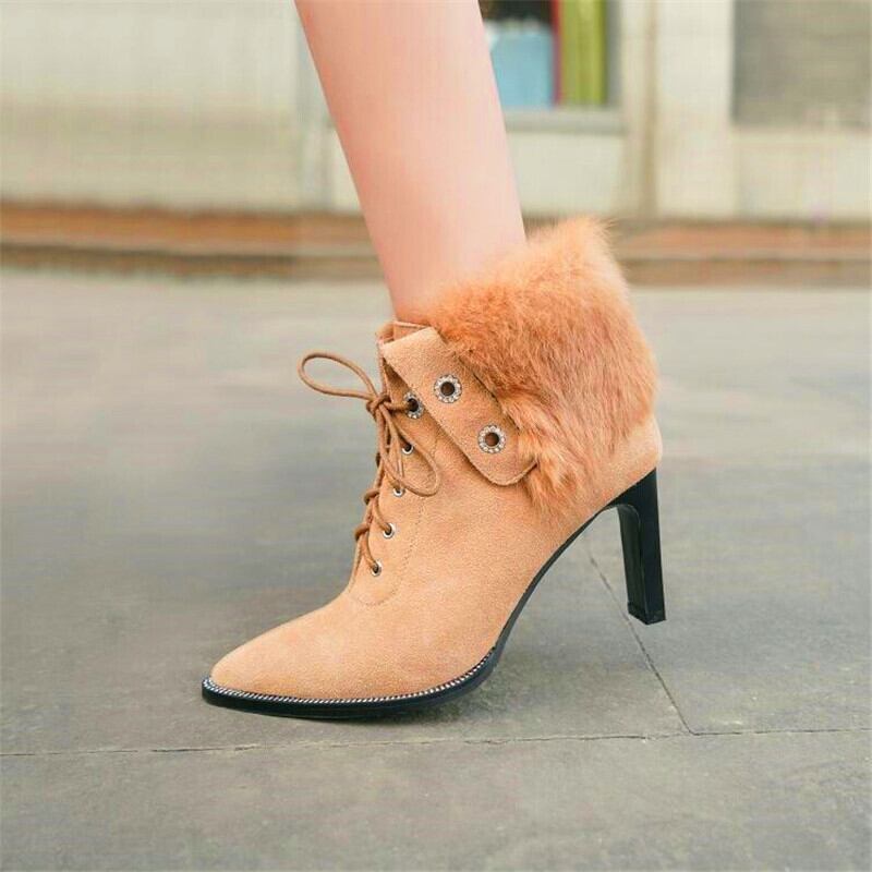 【新作】【送料無料】 冬の女性のハイヒールのブーツは、ワンピースのハイヒールのブーツの先のとがった黒黄色のハイヒールのレースアップアンクルブーツ ブラック 靴 シューズ ウィンター 冬物 10b350896082610