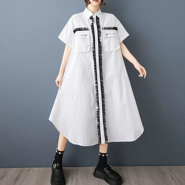 FRILL LINE DESIGN POCKET HALF SLEEVES MIDI SHIRT DRESS 2colors M-14140