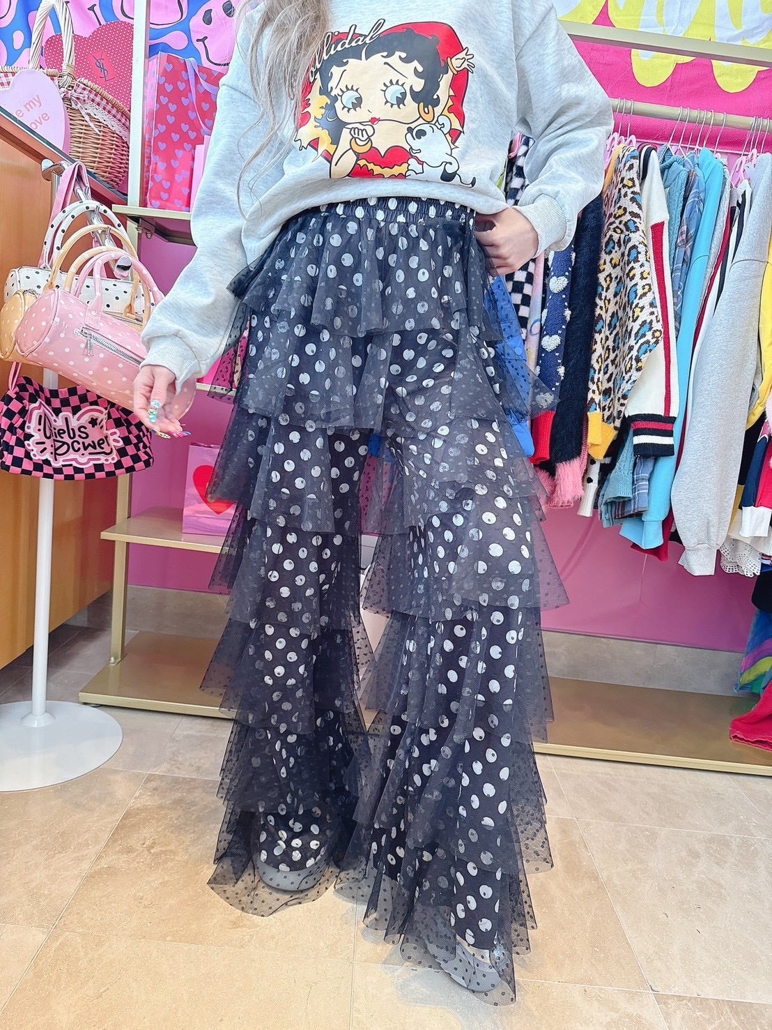 チュールフリルドットパンツブラック♡韓国/レディースファッション/ボトムス/レース/オレンジ/水玉/レース(5-206)