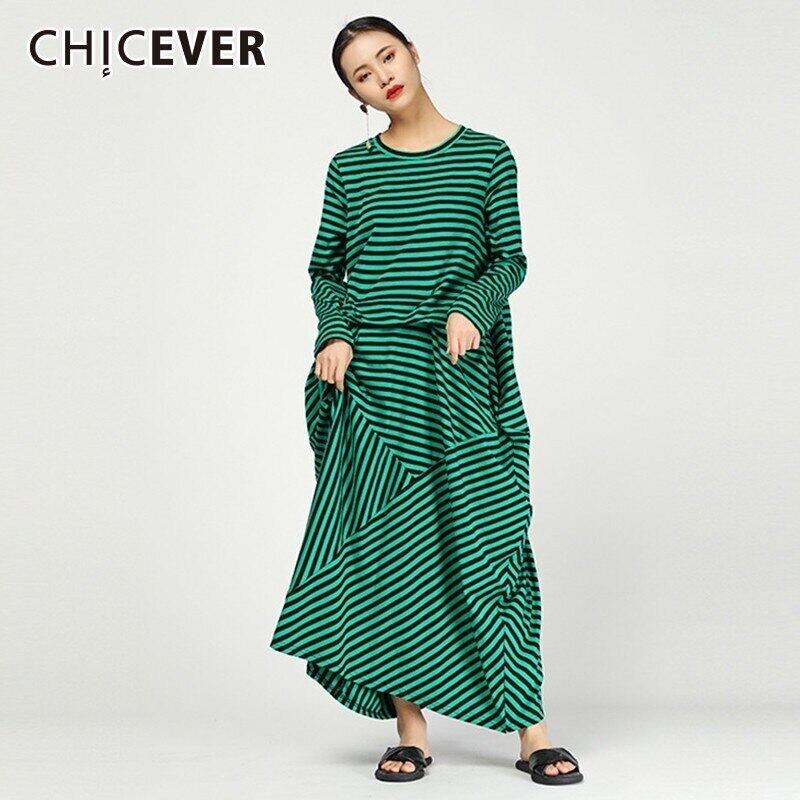 春のストライプドレス女性Oネック長袖ルーズオーバーサイズヒットカラー不規則なドレス ロング スプリング 春物 6base583786123293