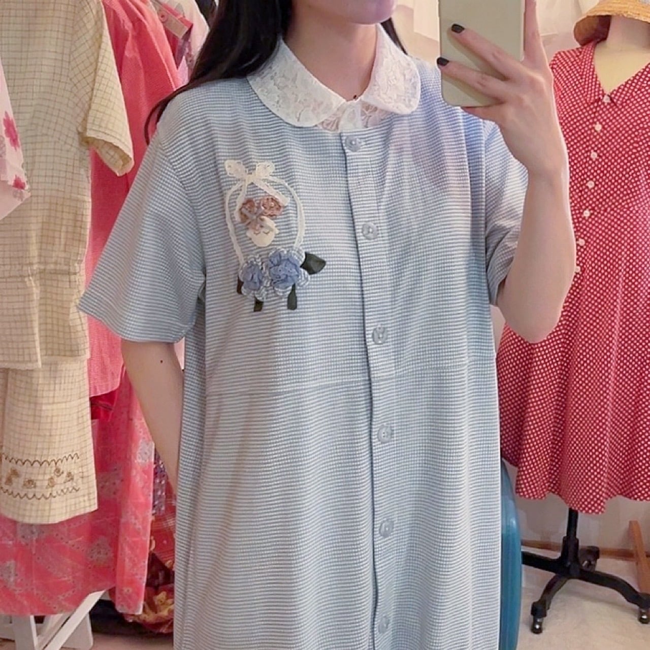 doll applique light blue one-piece