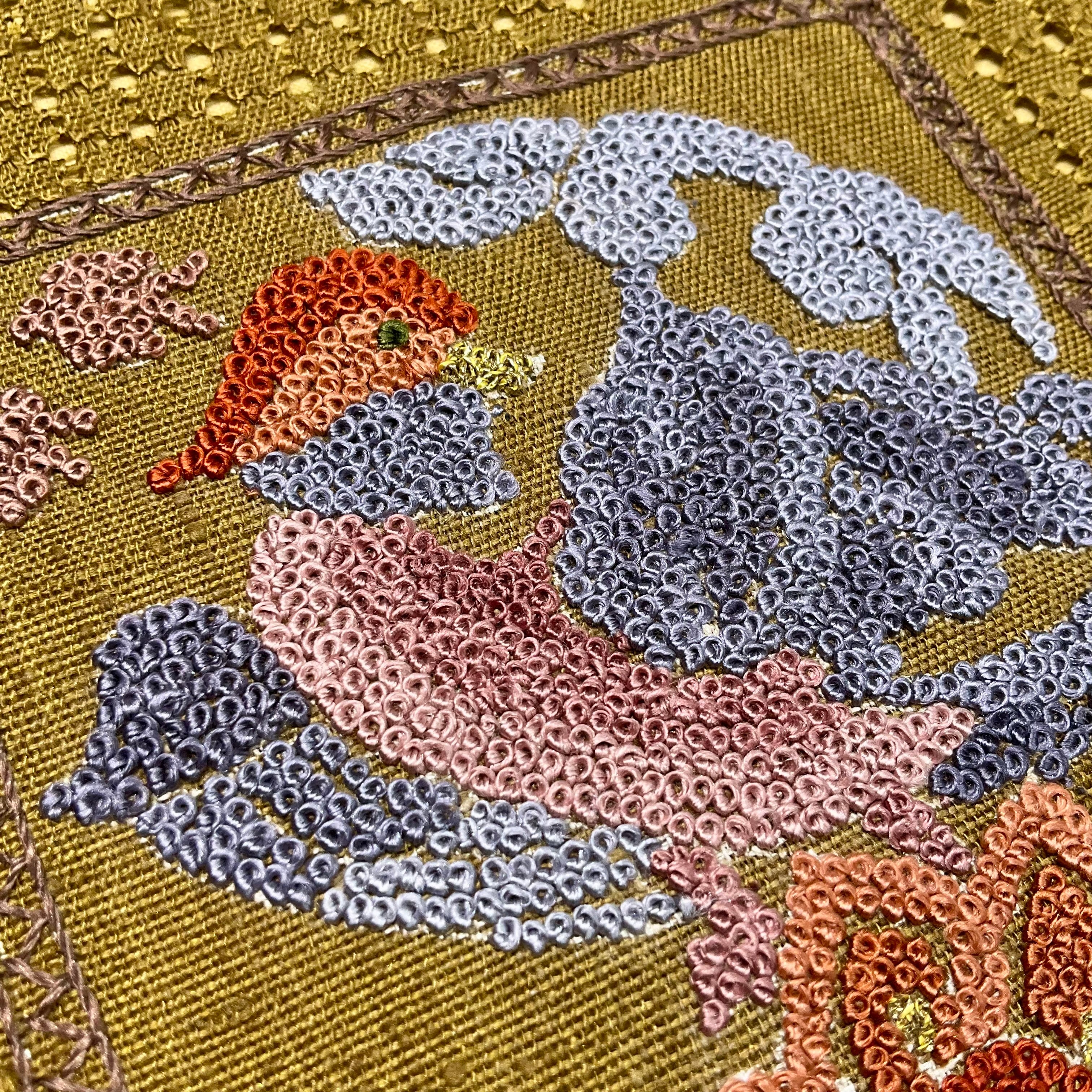 インテリア　書道アート　渡文帯　刺繍 Bird in a frame＊相良刺繍 手刺繍 鳥 ブラウン 茶 鶯茶 名古屋帯 B342