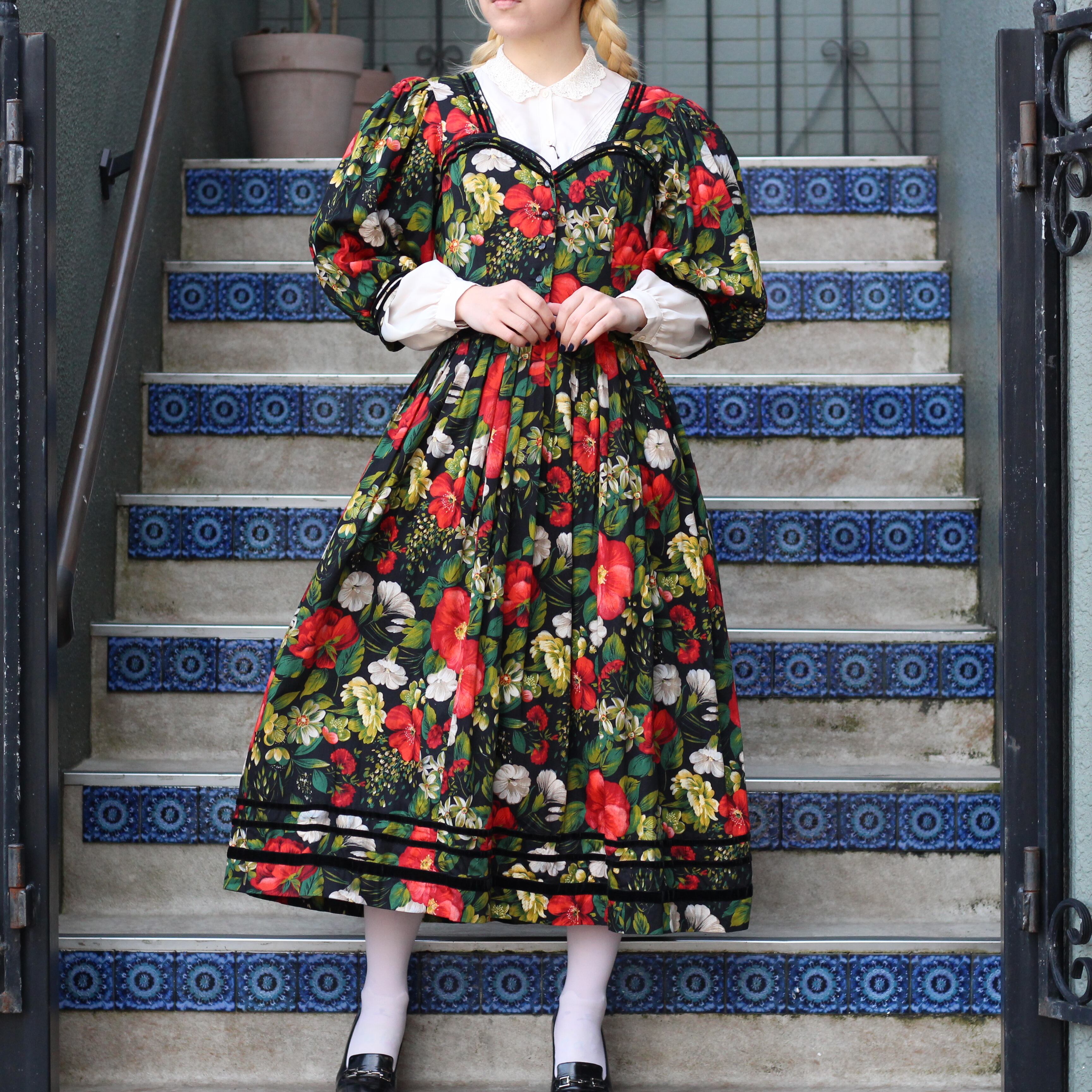 L上品 Eu Vintageヨーロッパ古着オーストリア製花柄デザインチロリアンワンピース ロングワンピース ワンピース L Www Marengoef Com