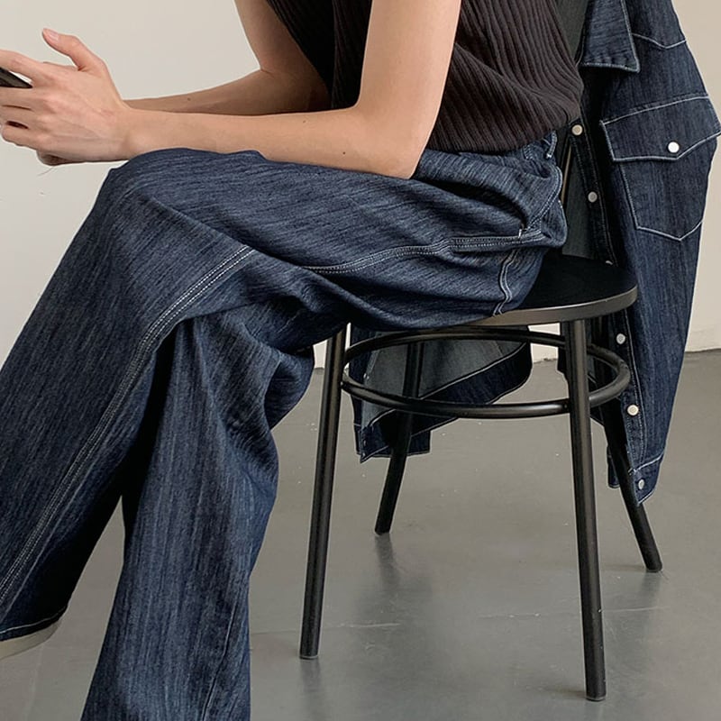 MION濃藍色のウォッシュ加工デニムパンツ | mblueshop
