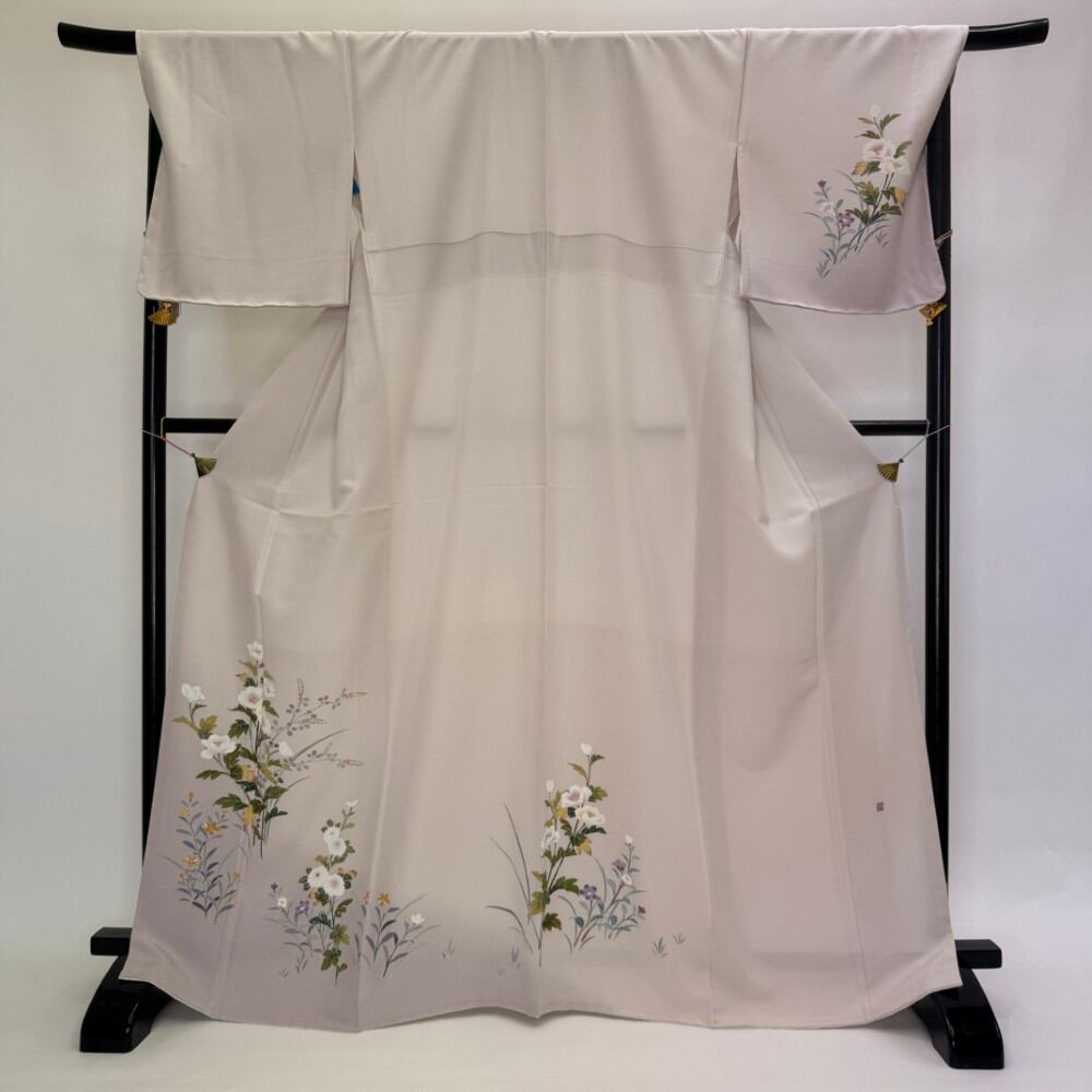 訪問着 付け下げ 大きい 幅広 新品 未使用 礼装 正絹 裄70cm LL サイズ オフホワイト 薄い紫 証紙付き 6293