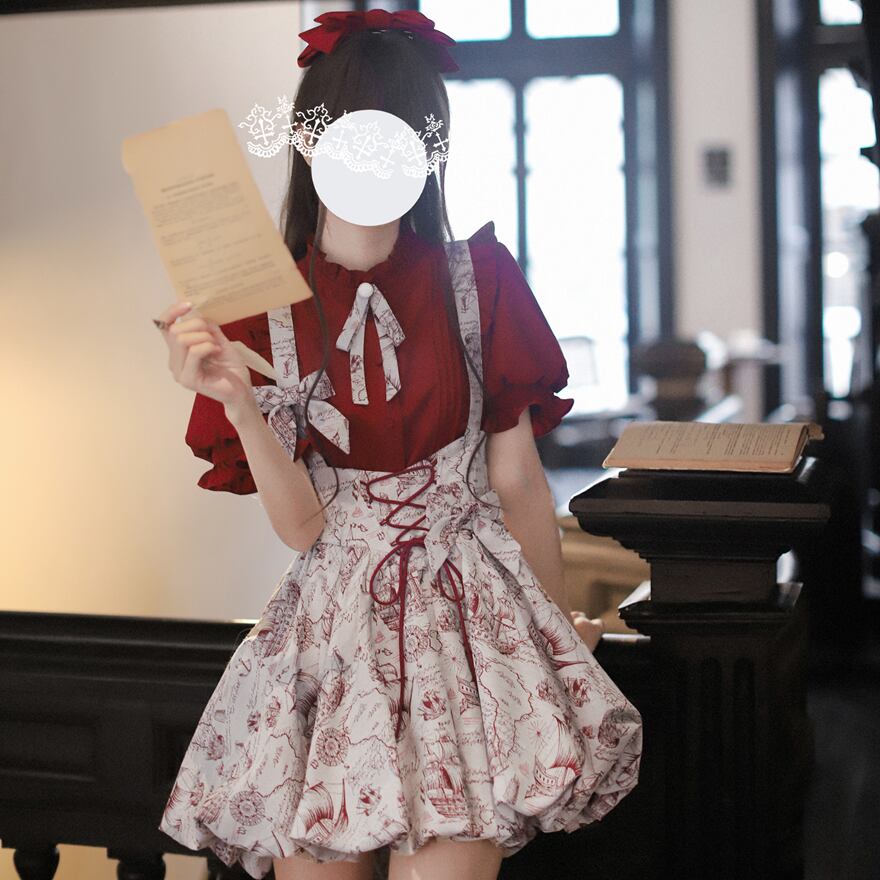 量産型 ロリィタ 4点セットアップ 巾着スカート パンプキンパンツ 控えめ 胡桃木 JKファッション