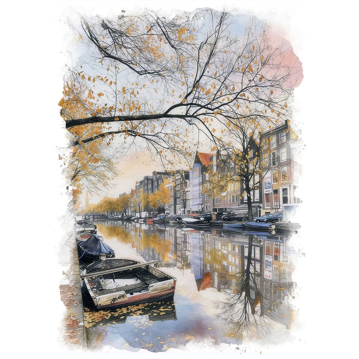 絵画 オランダ 風景画(街並み) アムステルダムの運河沿い インテリア