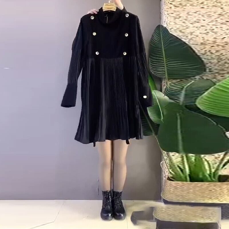 スプリングボタンプリーツドレス 大きめサイズ 春物 ステッチ ミックスインファッション53982807549