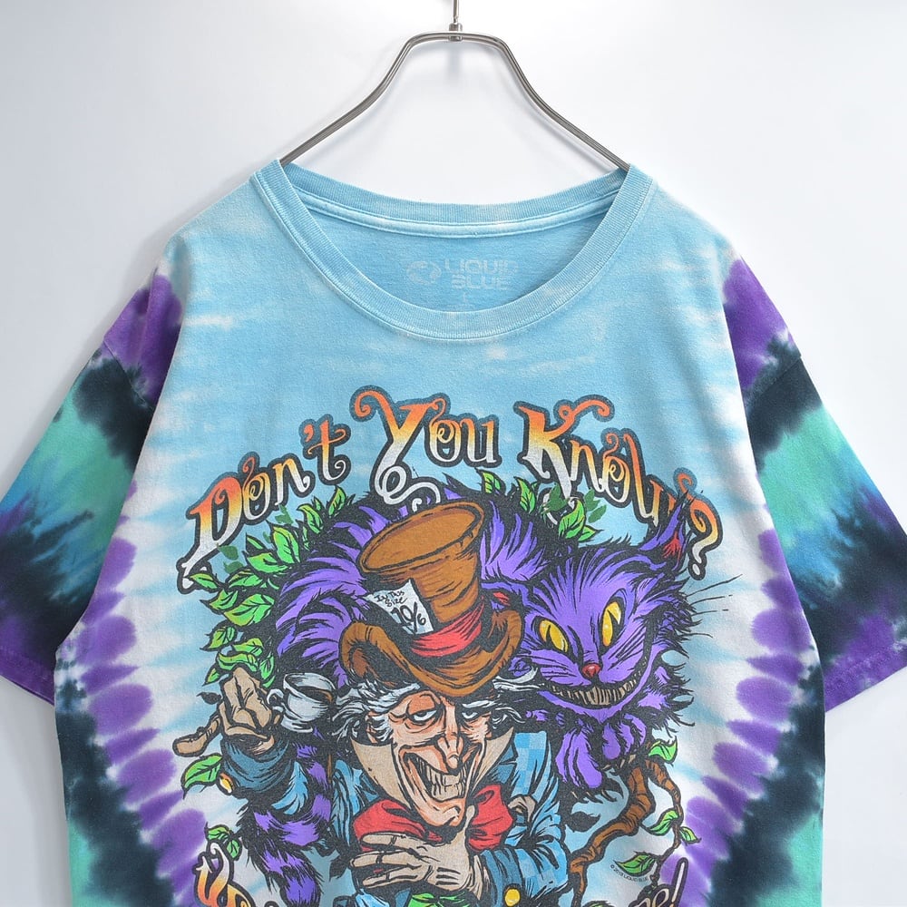LIQUID BLUE リキッドブルー タイダイ染め 不思議の国のアリス マッドハッター チェシャ猫 半袖Tシャツ キャラクター アニメ マルチカラー USED ヴィンテージ ビンテージ 古着 メンズ Lサイズ