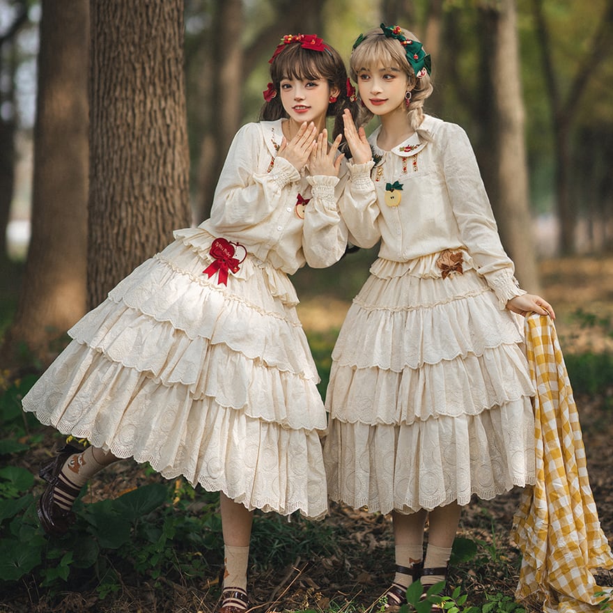 【予約商品】納期50日 森ガール 量産型 レイヤード 3段 ケーキスカート 生成色 ロング丈 アンティーク 英国スタイル