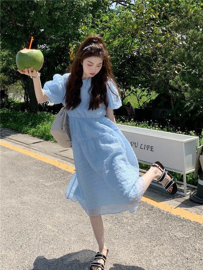 可愛い パフスリーブ シャツ ワンビース レディース 半袖スカート 韓国ファッション