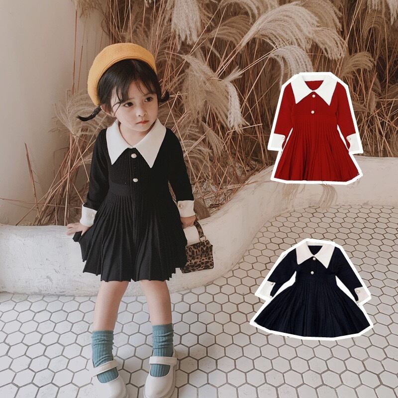 80 130cm 2色 襟付き ニットワンピース レイヤード風 キッズ 子供 女の子 パーティー Anoel