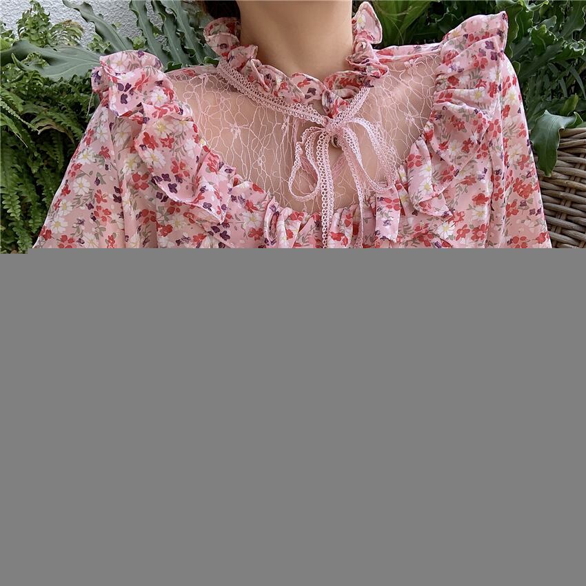 フローラルスタンダードシャツ オータムレースシフォントップス レトロ 秋物 花柄 萌量不足96505178689