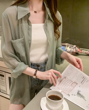 【送料無料】シアーシャツ トップス シースルー ゆったり カジュアル シンプル 大人 きれいめ 30代 40代 グリーン ホワイト ピンク TP-233R