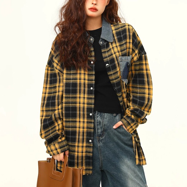 yellow check denim point shirt　イエローチェック柄デニムポイントシャツ　J2173