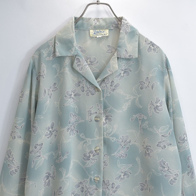 80s The Ladies' CIRCLE オープンカラー くすみカラー ボタニカルパターン  総柄 ブラウス 長袖 フラワー 花柄 シャツ USED ヴィンテージ ビンテージ USA アメリカ古着 レディースXL相当