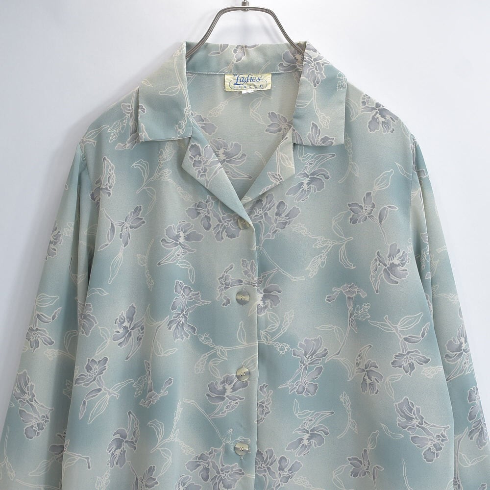 80s The Ladies' CIRCLE オープンカラー くすみカラー ボタニカルパターン 総柄 ブラウス 長袖 フラワー 花柄 シャツ USED ヴィンテージ ビンテージ USA アメリカ古着 レディースXL相当