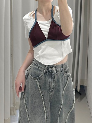 Bicolor Cross Swim Bralette / BURGUNDY