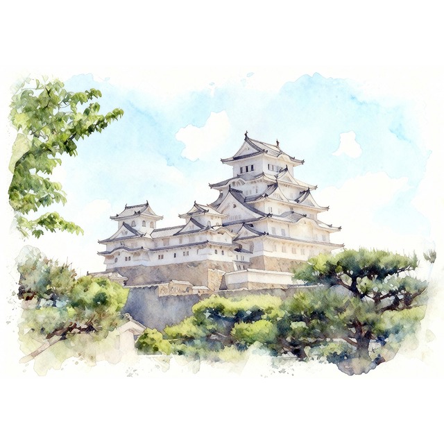 絵画 風景画(街並み) 日本の城 兵庫県 姫路城 インテリアアート額付き 水彩画・油絵風 WAT1558