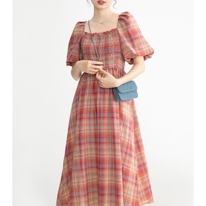 【S-XL 】ナチュラル ギンガムチェックワンピース