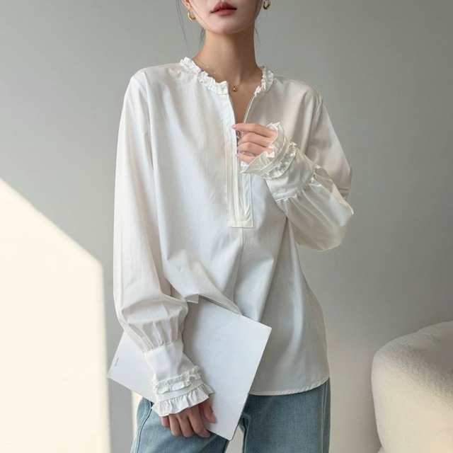 Frill design zip-up blouse A1751