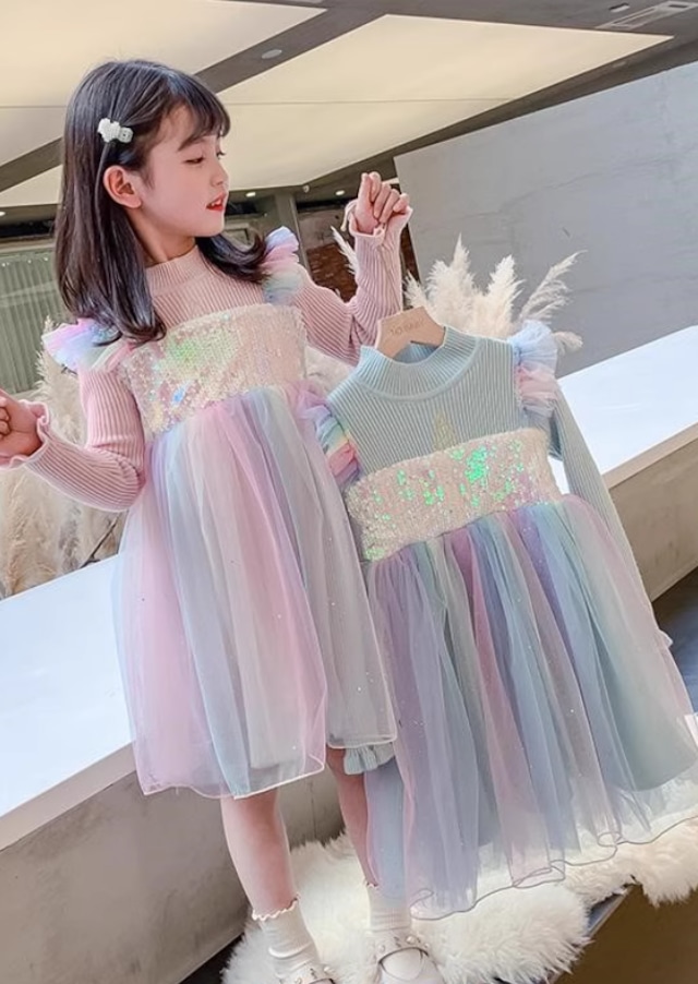 【ユニコーンカラー☆リブニット×シフォン ワンピ】ワンピース ドレス キッズ 子供服 スカート 子供ドレス ユニコーンカラー ピンク ブルー シフォン リブニット スパンコール 七五三 長袖 発表会 結婚式 フォーマル 普段着 入園入学 卒園卒業 送料無料