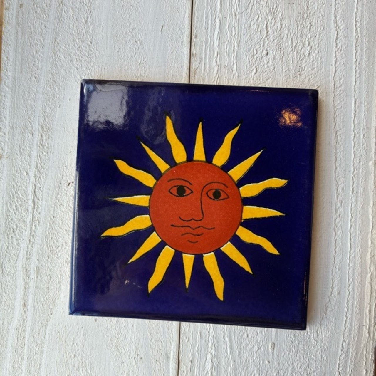 Mexico Talavera tile　メキシコタラベラタイル　C　太陽　サン　オレンジ　ネイビー　10cm　コースター　鍋敷き　DIY　モザイクタイル　柄タイル　室内壁　室外壁　デザインタイル　レトロ　アートタイル　ハンドメイド