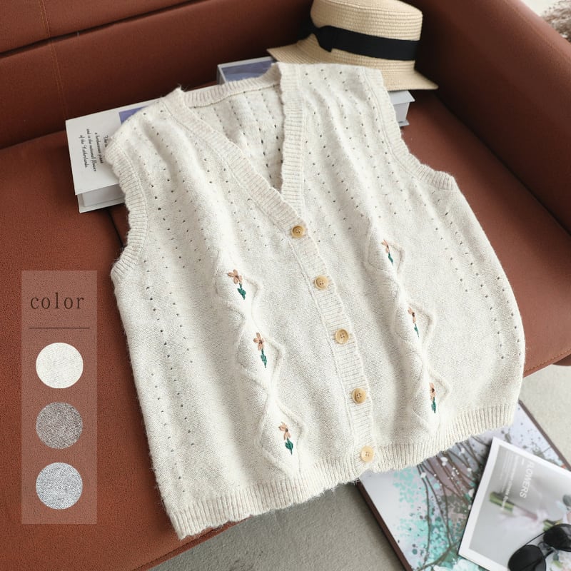 刺繍フラワーパンチング編みニットベスト W1766