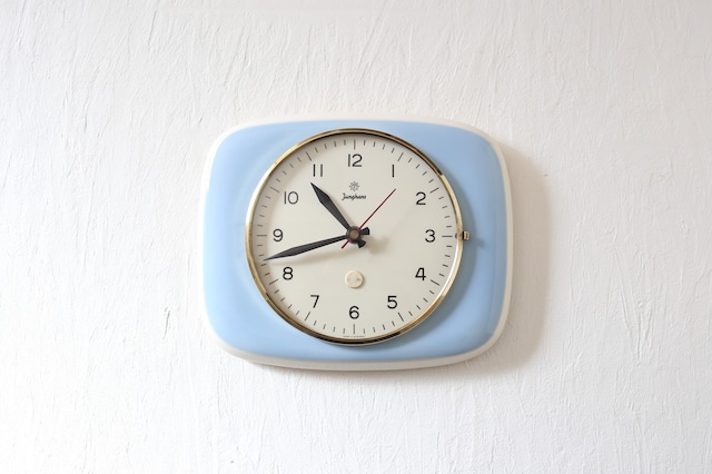 ドイツ アンティーク ヴィンテージ Junghans ユンハンス 陶器 掛時計 ブルー×アイボリー 秒針付き（スイープ式クォーツ交換済）N-04965