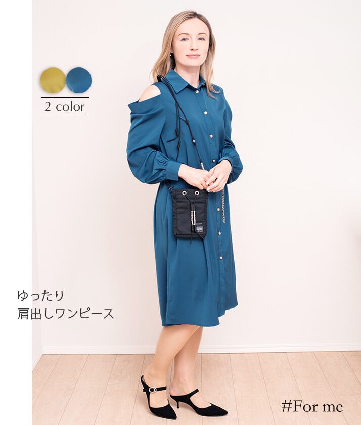 ベルトチェーン付き肩出しワンピース_e0102103083