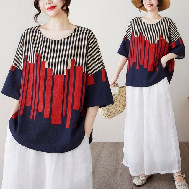 STRIPED CONTRAST PRINT RELAXED T-SHIRT M-17608