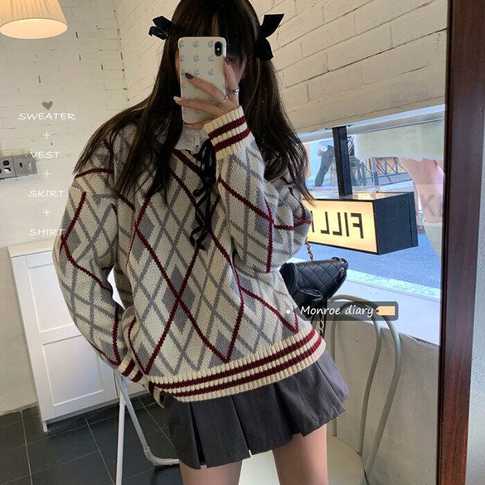 Vネックセーター レディースルーズクロップドトップス スタイルコート ロング ウィンター 冬物 モンロー13134764015