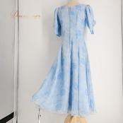 社交ダンス 衣装 ドレス スワンピース ブルー系 花 花柄 青 水色 白 透け感 かわいい 上品 淡い 華やか ダンス衣装 イベント ステージ パーティー おしゃれ フェミニン レディース 練習 レッスン ホワイト系