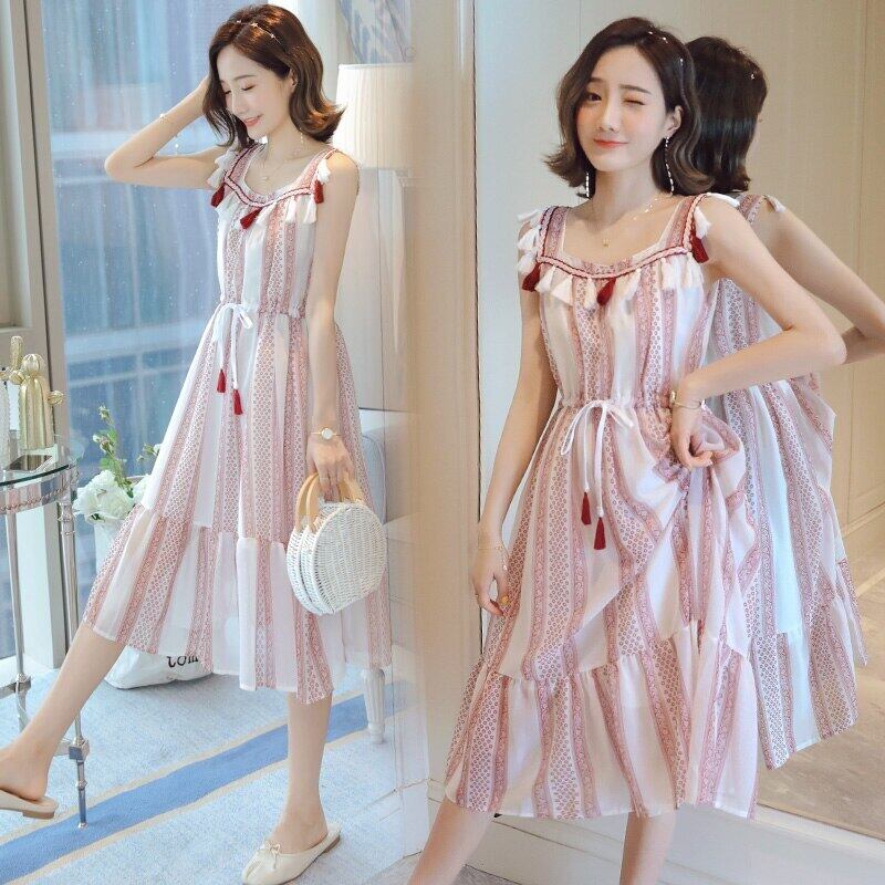 【新作】【送料無料】 シフォンマタニティ服夏の縞模様の巾着ノースリーブルーズスタイリッシュなドレス妊娠中の女性妊娠中の服 サマー 夏物 ストライプ AL expec375106778801