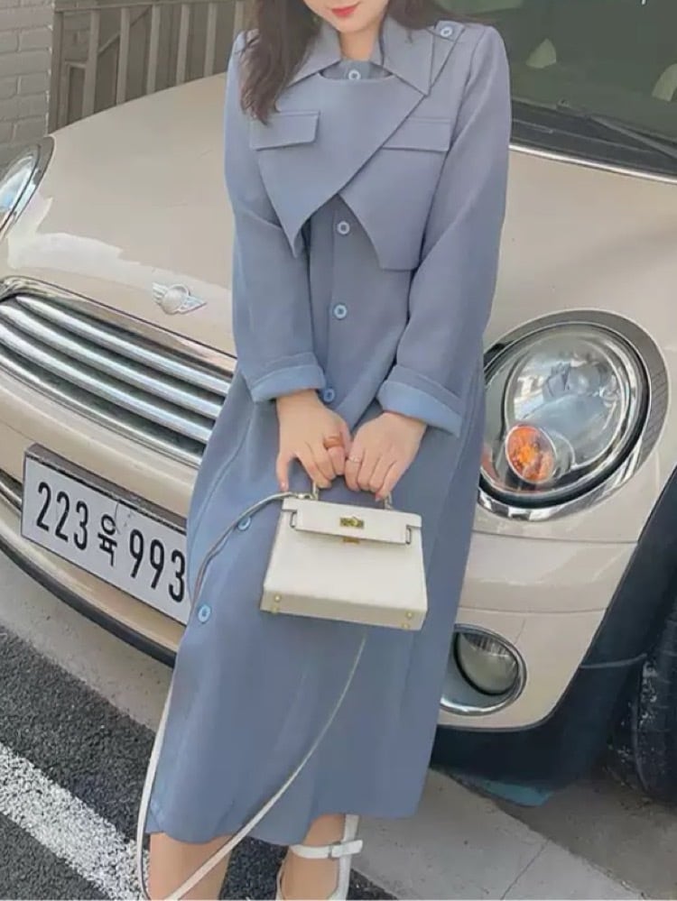 上品さを極めるクラシックトレンチ ノースリーブシャツワンピース&カシュクールジャケット 2点セット コーデ 着回し 大きいサイズ 韓国 CH9950