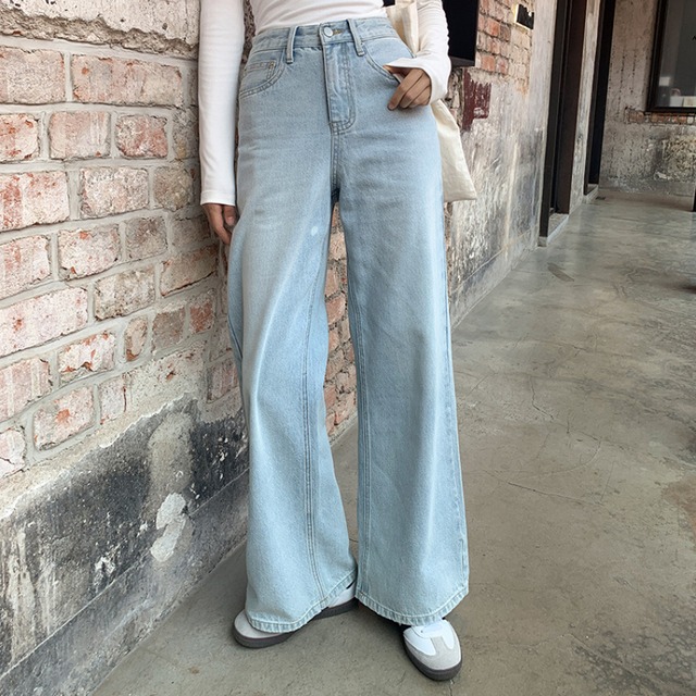 shell high waist wide straight denim pants J00008