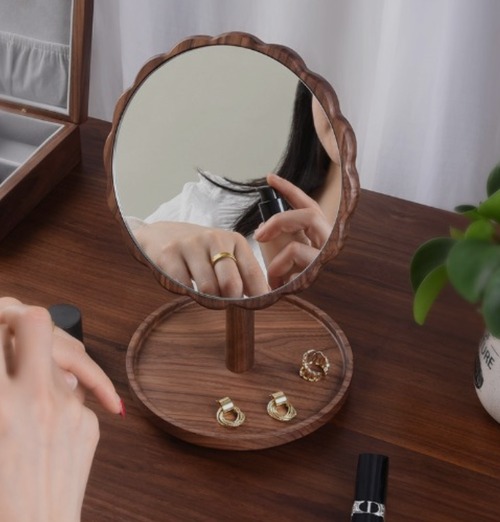 天然木 スカラップフレーム 卓上ミラー 角度調整 360度回転 化粧鏡 ジュエリートレー付き バニティミラー 木製 ナチュラル インテリア