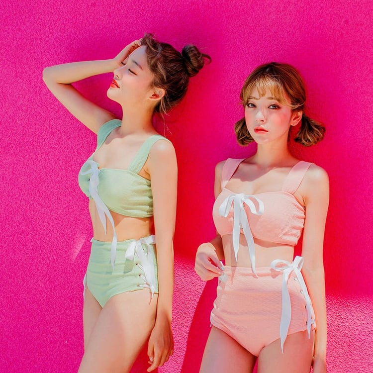 編み上げビキニ ハイウエスト水着 パステルカラー 夏 海 リゾート 旅行