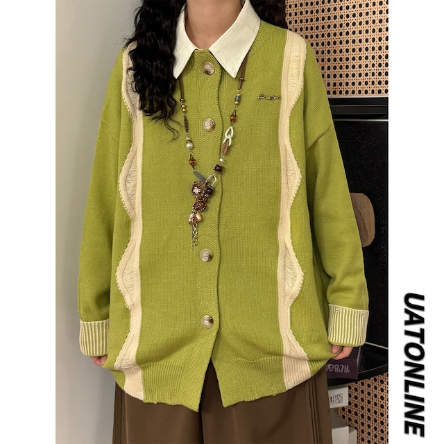 【UATONLINEシリーズ】★セーター★ 2color ニットトップス カーディガン レディース 配色 黒 緑