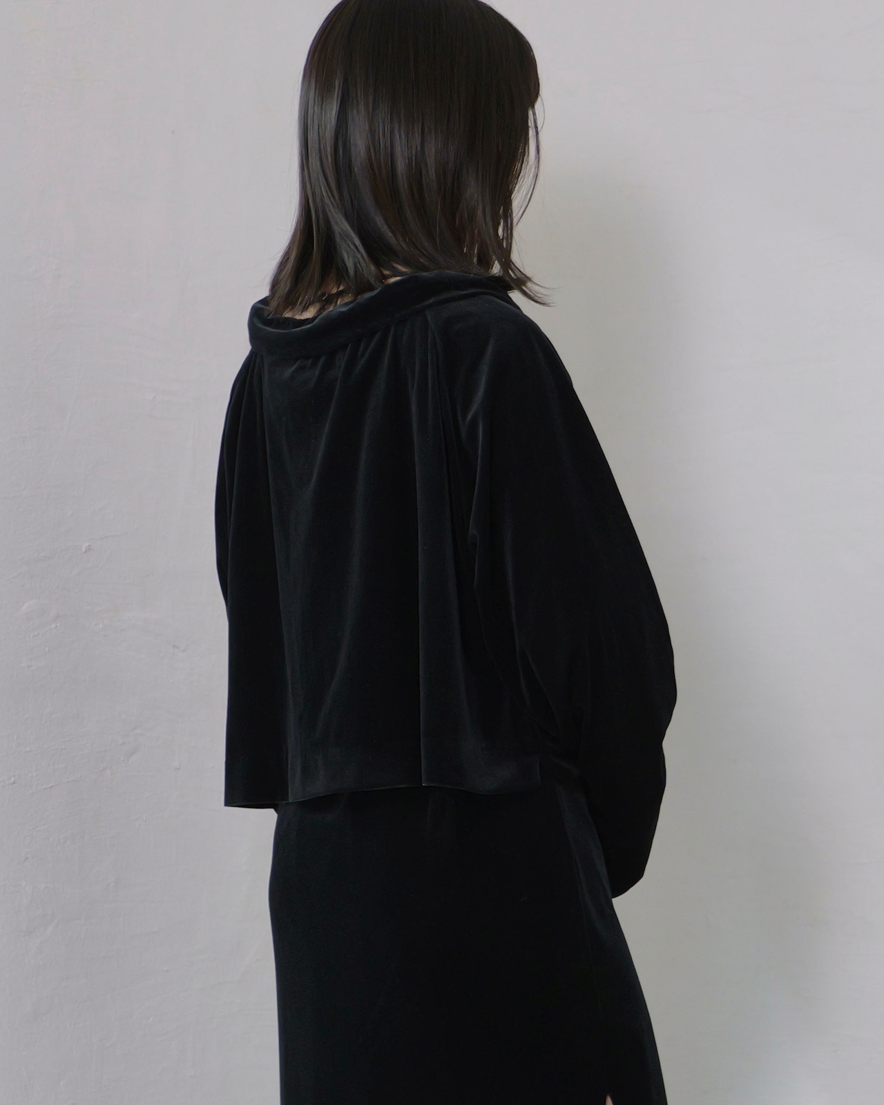 RITSUKO KARITA - Sheer Velour Gather Tops〔plain〕 :Black|透けベロア/ネックギャザー