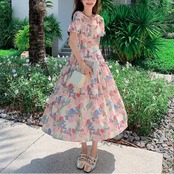 Pink Floral Print Elegant Long Dress 5075